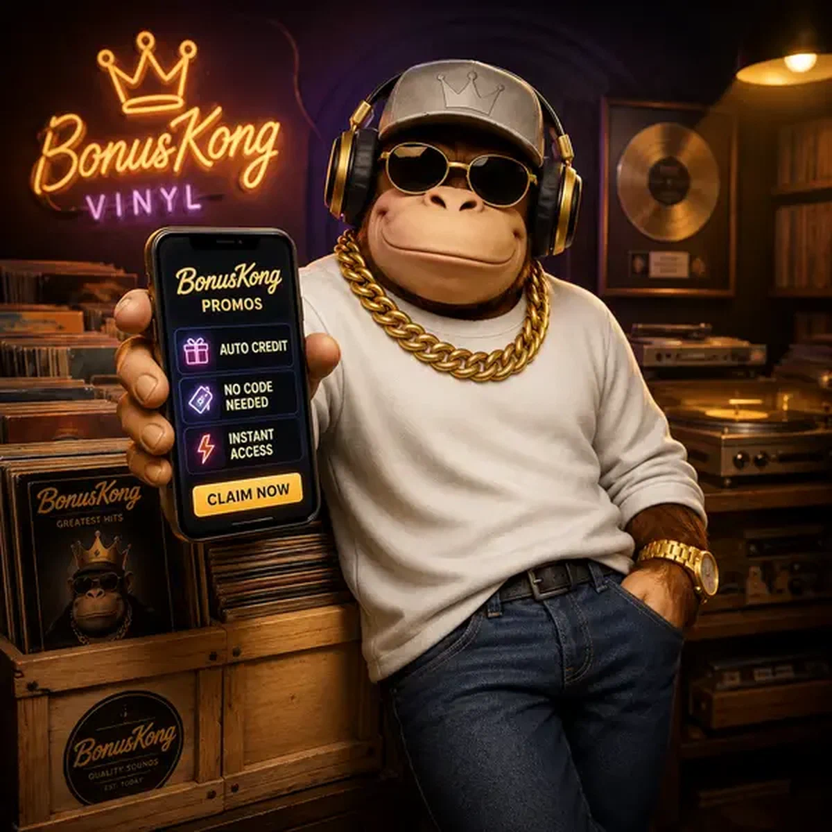 Code promo BonusKong brillant sur écran de smartphone dans un magasin de disques vinyles confortable