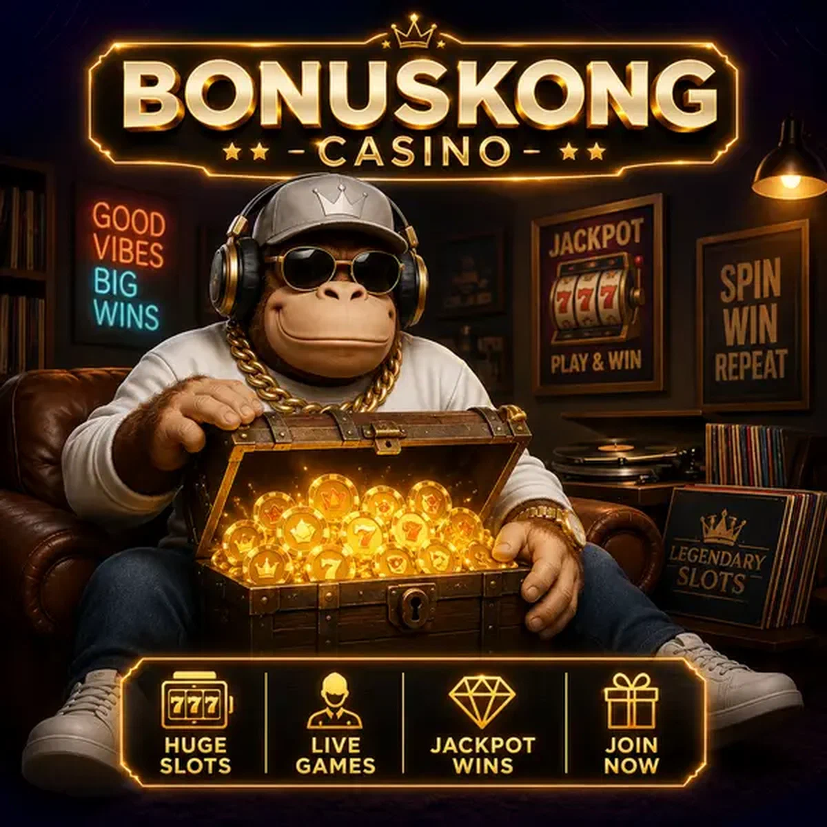 Coffre au trésor BonusKong Casino débordant de machines à sous dorées et de récompenses jackpot