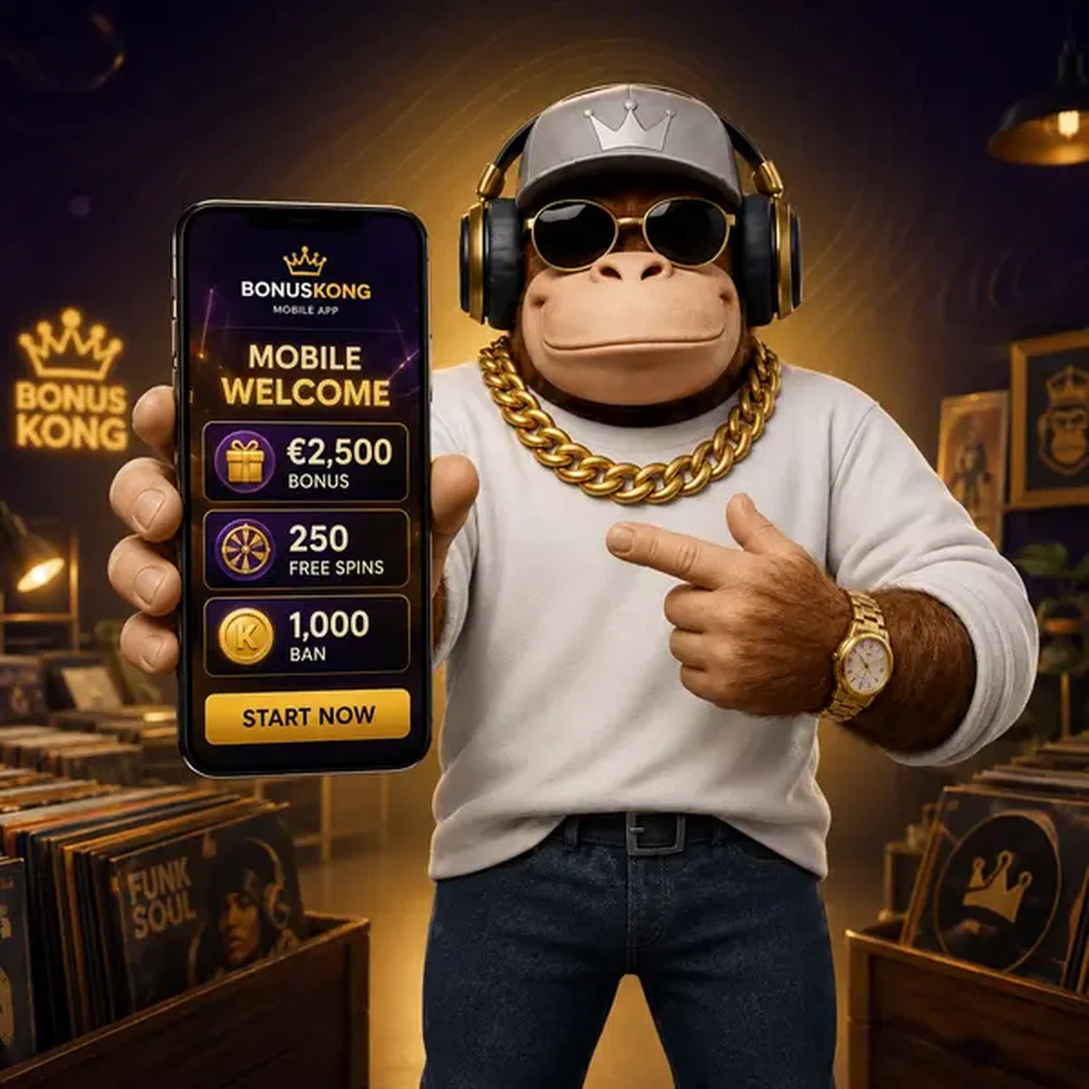 BonusKong tient avec confiance un smartphone affichant l'application mobile avec l'offre de pack de bienvenue de 2 500 €