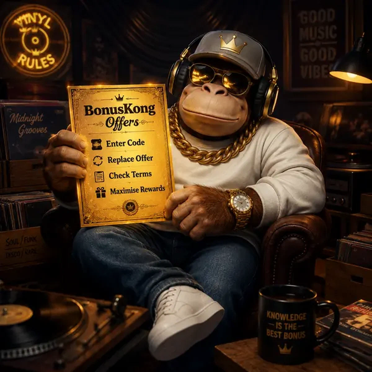 BonusKong examine un certificat de code promo doré dans une atmosphère de disquaire confortable