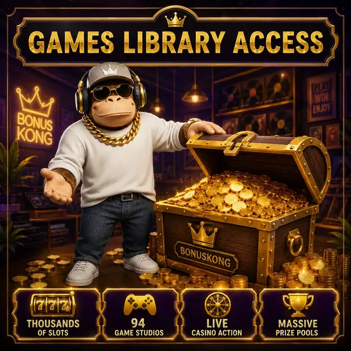 BonusKong accueille le joueur se connectant à la bibliothèque de jeux remplie de trésors avec des milliers de machines à sous
