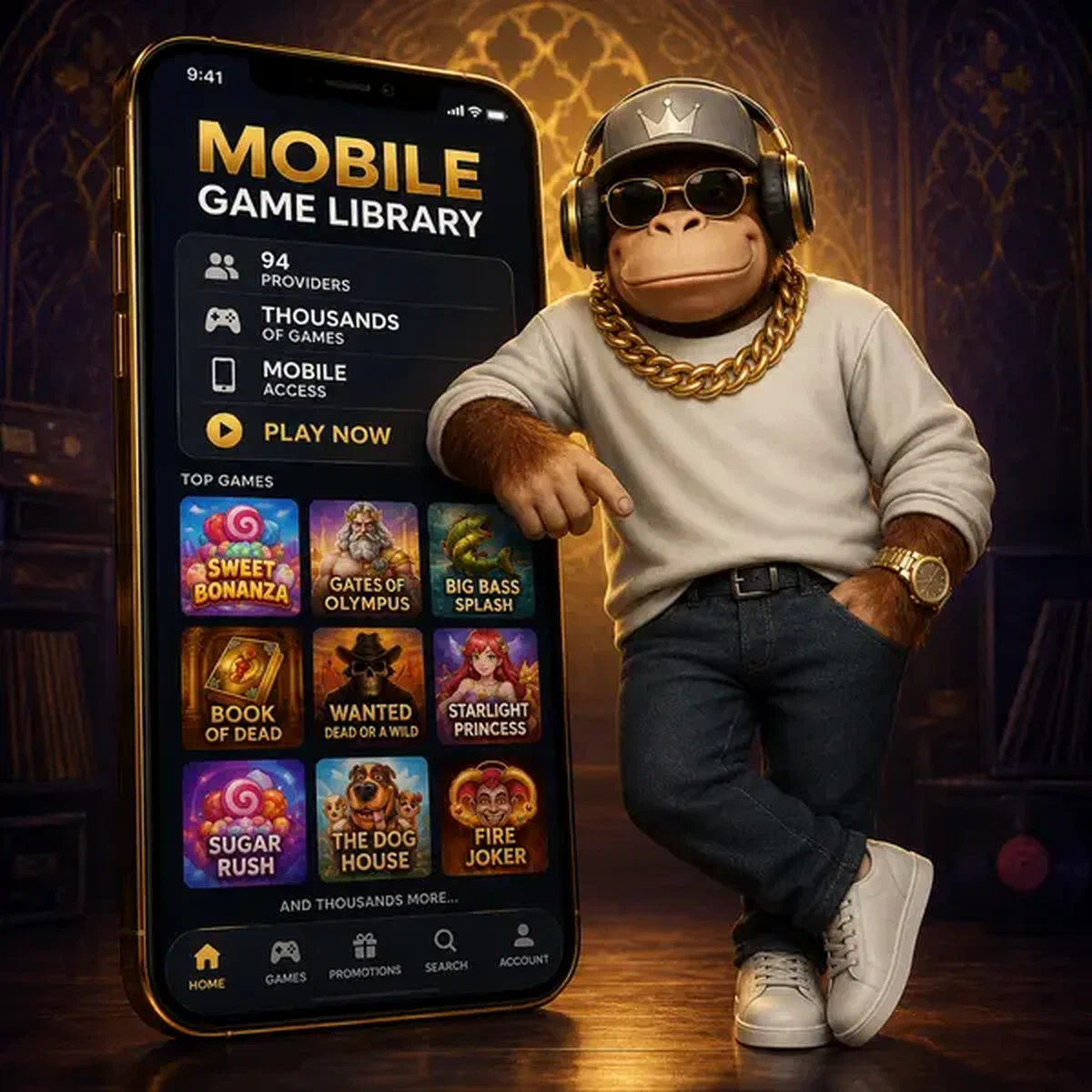 BonusKong présentant la Bibliothèque de Jeux Mobile avec des milliers de jeux de 94 fournisseurs sur un smartphone lumineux