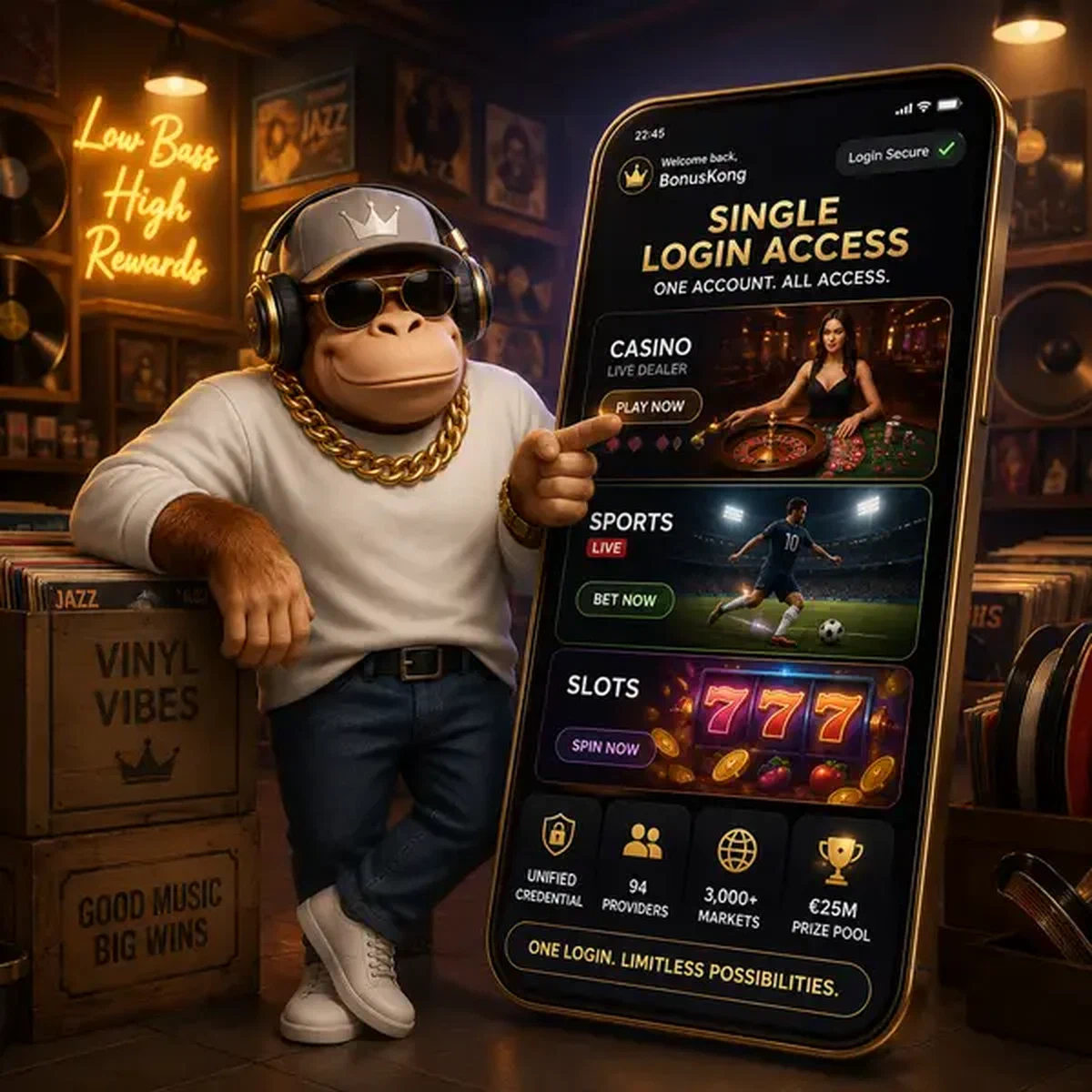 Joueur créant un compte chez BonusKong avec smartphone montrant l'accès de jeu unifié