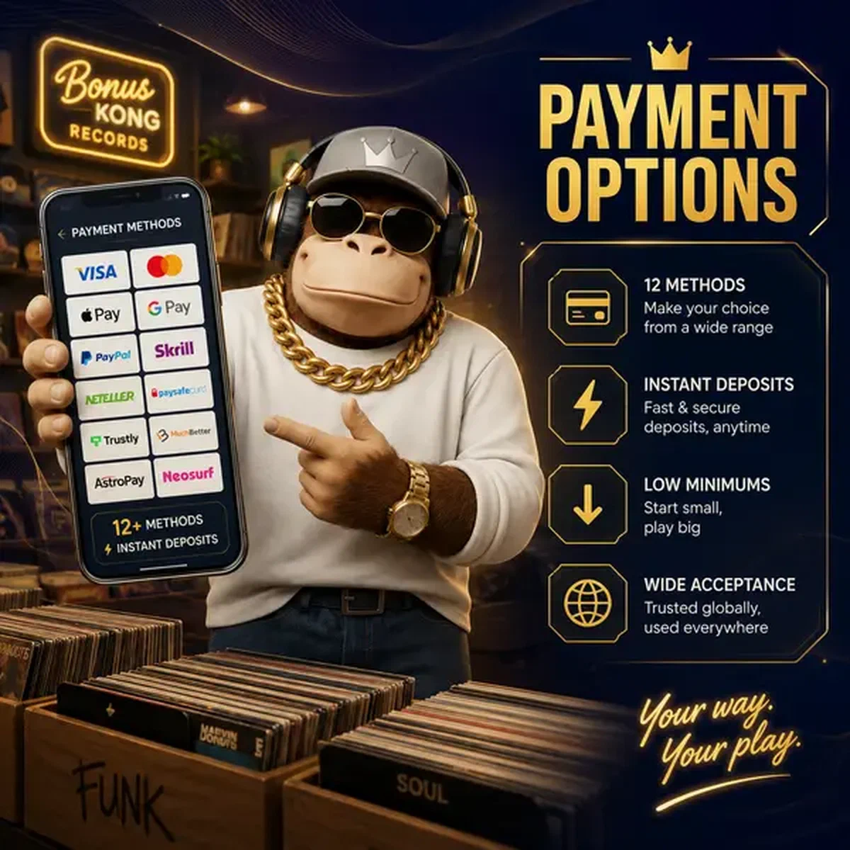 BonusKong présentant les options de paiement au magasin de disques avec affichage smartphone