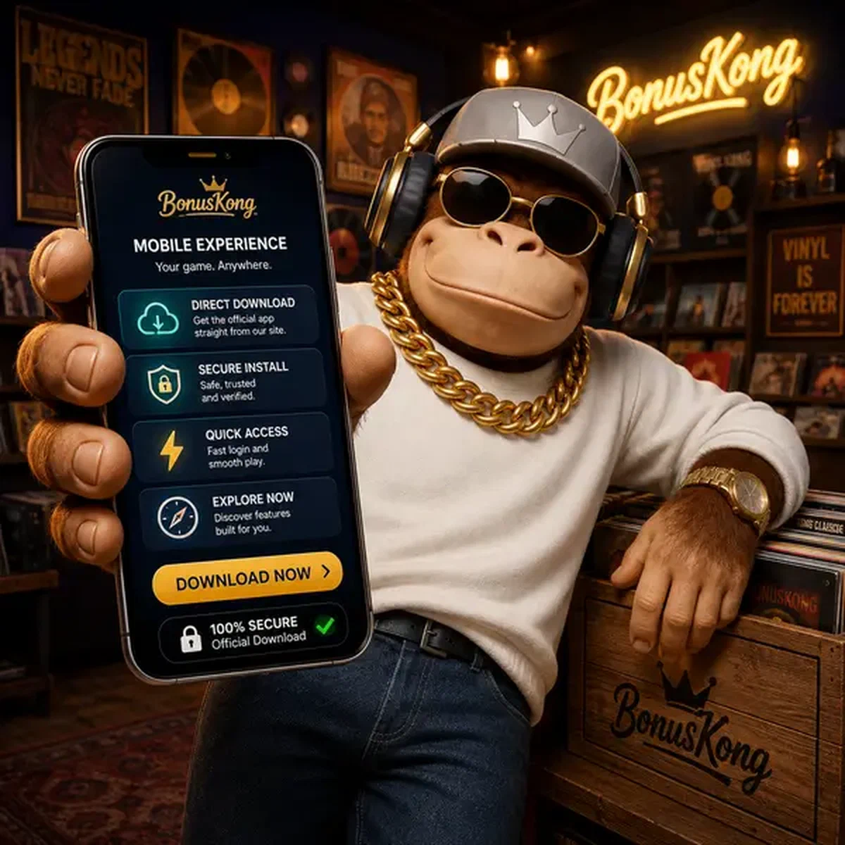 BonusKong tenant un smartphone affichant le téléchargement de l'application mobile au comptoir du magasin de disques