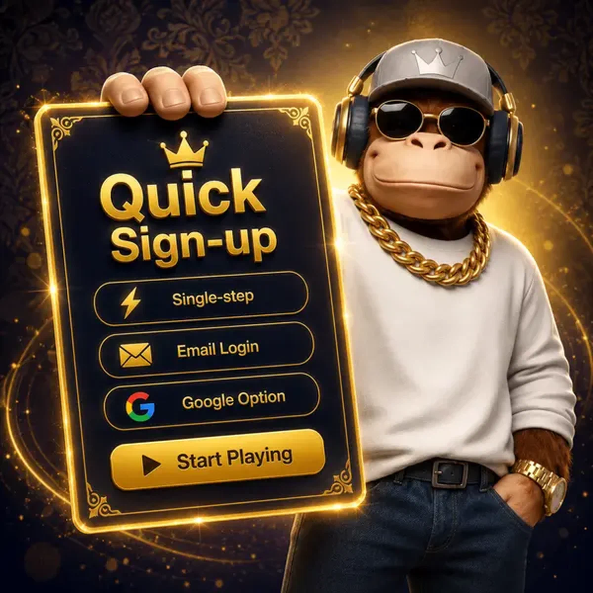 BonusKong présentant une carte d'inscription dorée avec options d'inscription rapide brillantes