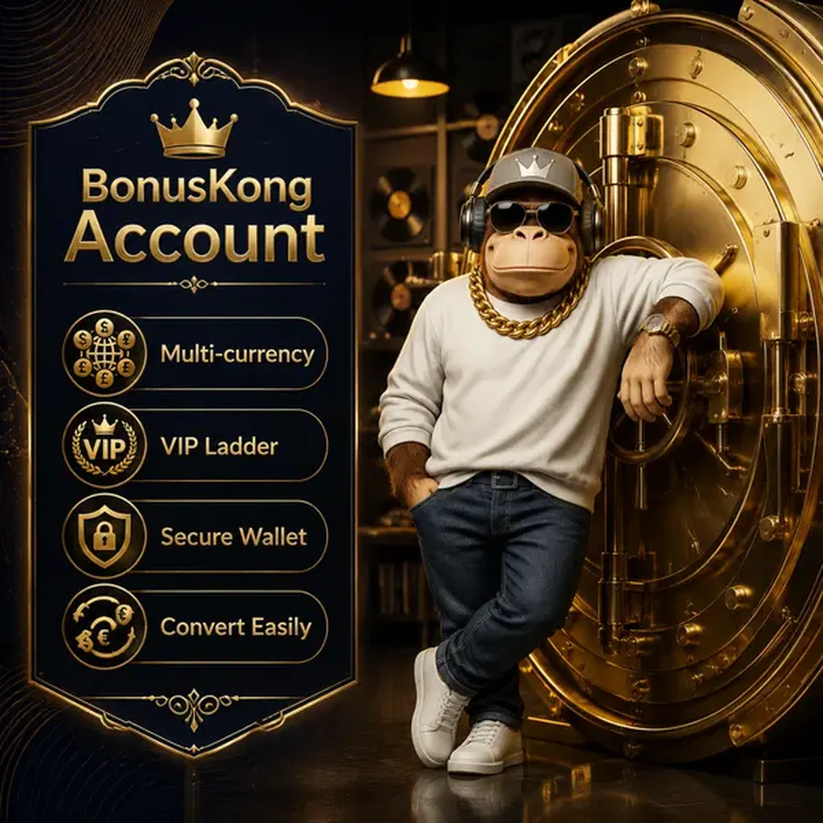 Coffre-fort de compte personnel BonusKong brillant avec options multi-devises sécurisées